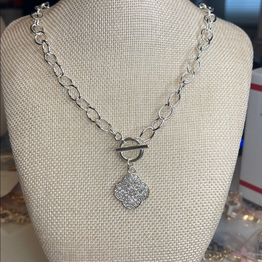 Rhinestone Clover Toggle Necklace - image 1